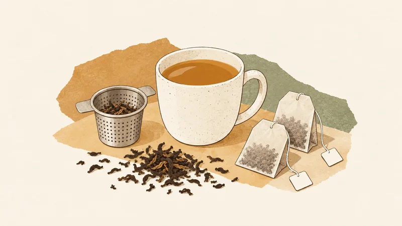 Paper-collage illustration of a cup of tea, loose leaves, a basket infuser and two paper tea bags.