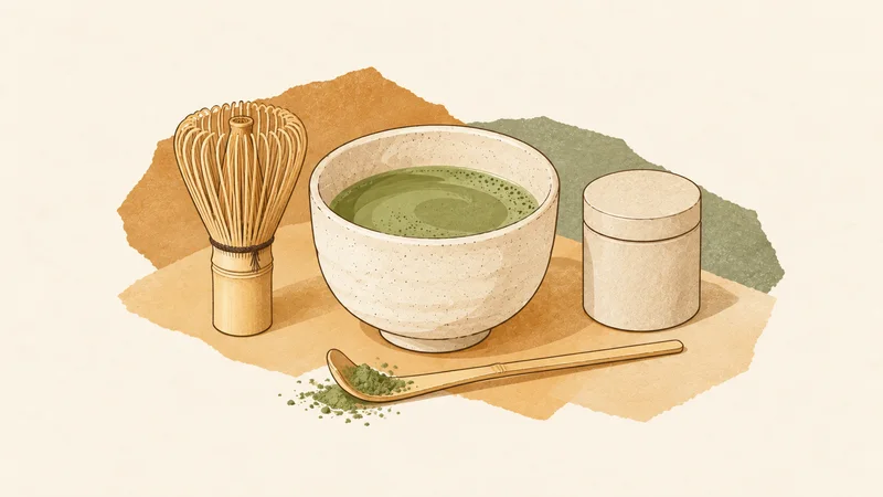 Paper-collage illustration of a matcha bowl, bamboo whisk, plain tea tin and scoop of green powder.