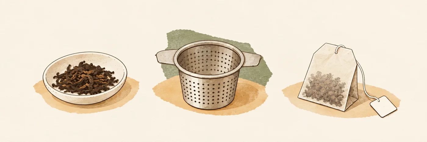 A dish of loose tea, an empty basket infuser and a paper tea bag, arranged side by side.